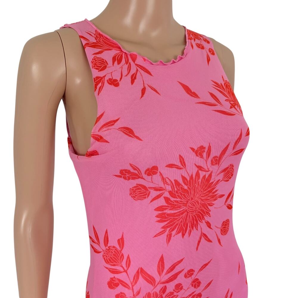 Y2K Style Floral Mesh Midi Dress Bodycon M Pink Boho Barbiecore Dopamine Stretch - Picture 4 of 7